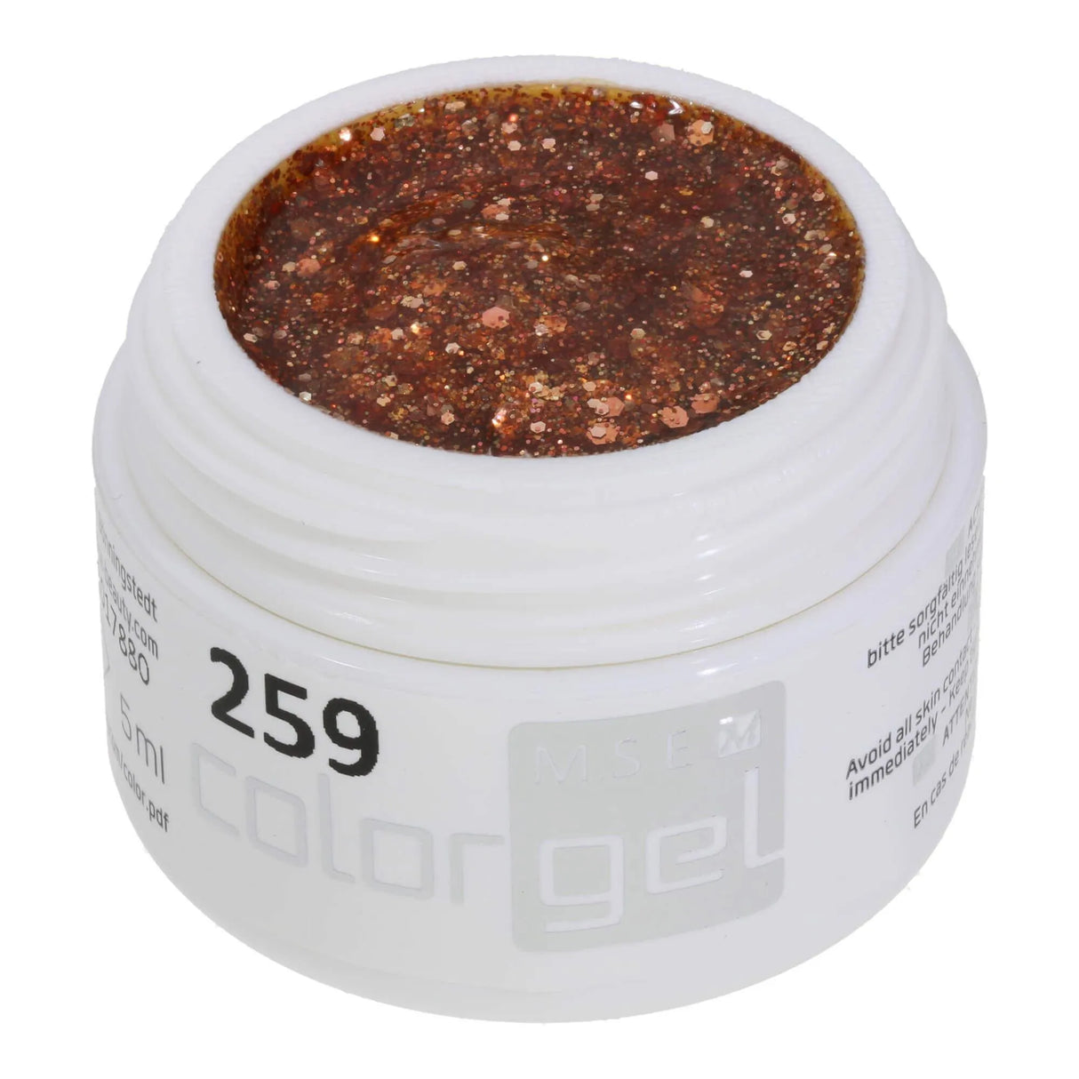 #259 Premium-GLITTER Color Gel 5ml Blassroter Glitter unterstützt durch kupferfarbene Glitterfäden - MSE - The Beauty Company