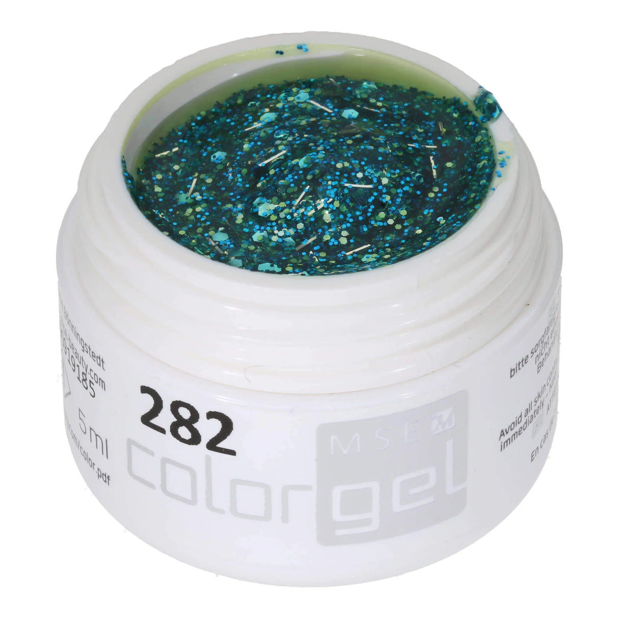 #282 <<<<< t107>86>85>48>5>remium-GLITTER Color Gel 5ml Klares Gel mit feinem blauen, grobem maigrünen Glitter und silbernen Glitterfäden