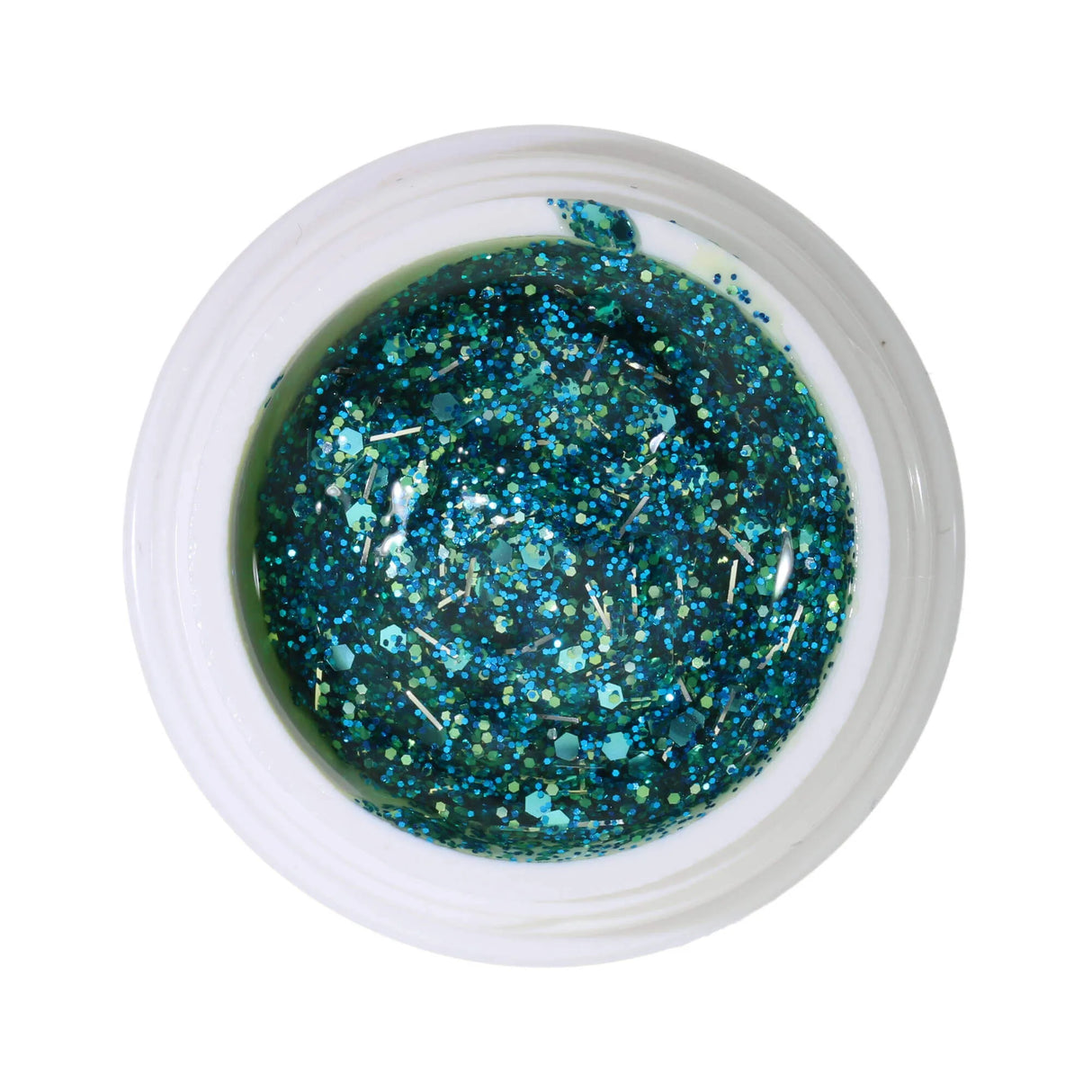 #282 <<<<< t107>86>85>48>5>remium-GLITTER Color Gel 5ml Klares Gel mit feinem blauen, grobem maigrünen Glitter und silbernen Glitterfäden