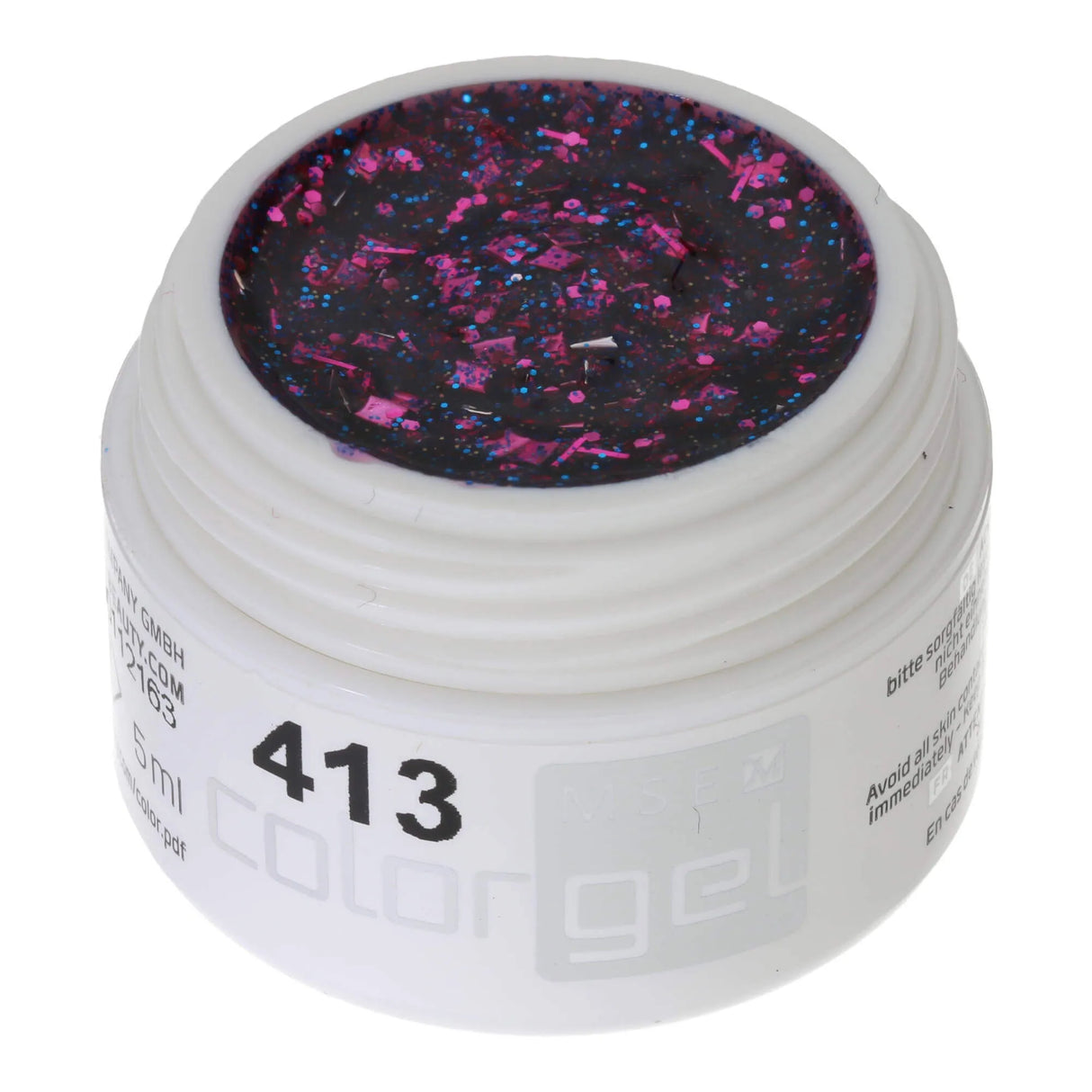 #413 Gel Color PREMIUM GLITTER 5ml Gel transparente con brillo rosa y azul