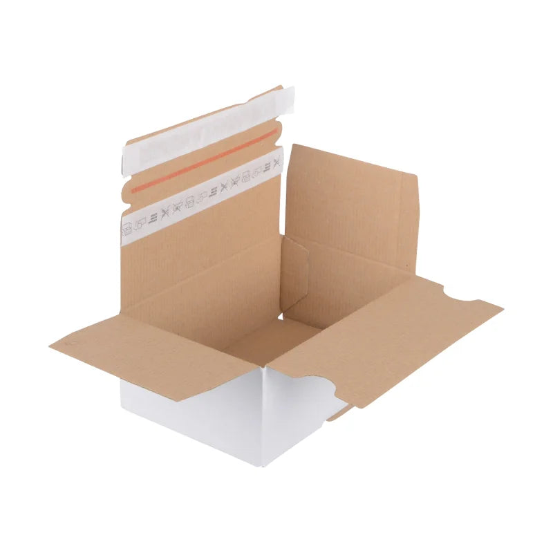 20x Automatikbodenkarton 210 × 140 × 80 mm – Weiß, mit 2 Selbstklebestreifen & Aufreißfaden